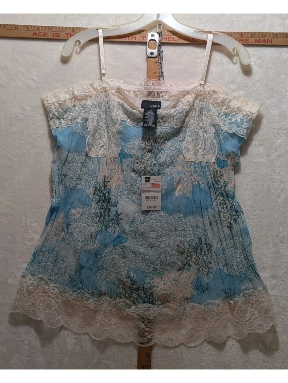 Mixit Large Blue Floral Lace-Trimmed Camisole Top with Adjustable Straps, New w/